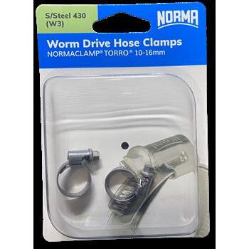 Worm Drive Hose Clamps Torro 7.5mm BW 10-16mm W3 S/Steel 2Pk