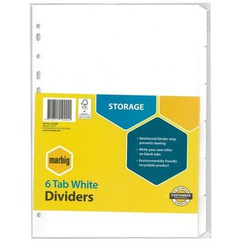 Dividers Marbig A4 Manilla 6 Tab White