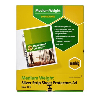 Sheet Protectors Marbig A4 Silver Edge Deluxe Clear 50 Micron Bx100