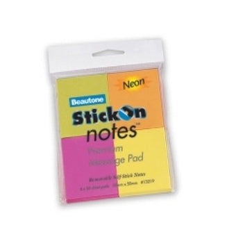 Stick On Notes B/Tone 38X50Mm Neon Cols Pk4