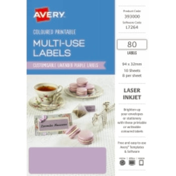 Sp- Label Avery 94X32 Rectangular Laser 8Up Lavender Purple Pk80