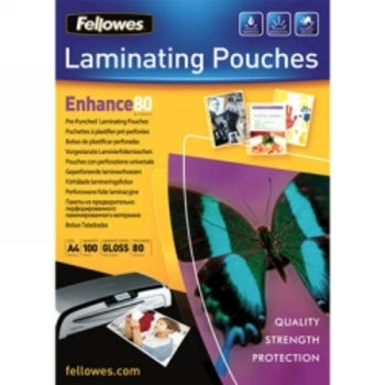 Sp- Laminating Pouches Fellowes A4 80 Micron Pre Punched Gloss Pk100