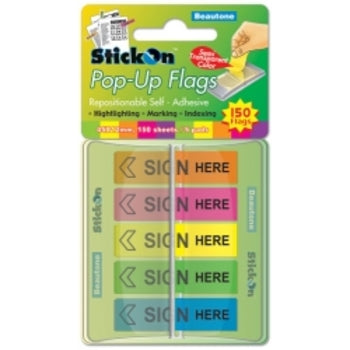 Stick On Flags B/Tone Pop-Up Sign Here 45X12 5 Asst Pads 150Sht