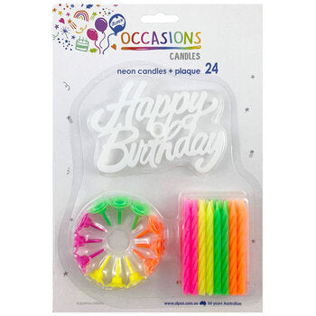 Candles Alpen B/Day Neon W/Holder & Plaque 24'S