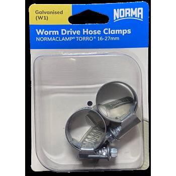 Worm Drive Hose Clamps Torro 12mm BW 16-27mm W1 Galv 2Pk