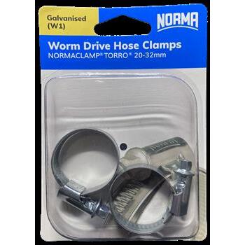 Worm Drive Hose Clamps Torro 12mm BW 20-32mm W1 Galv 2Pk
