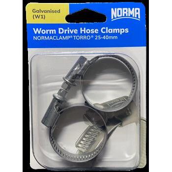 Worm Drive Hose Clamps Torro 12mm BW 25-40mm W1 Galv 2Pk