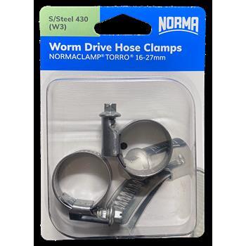 Worm Drive Hose Clamps Torro 12mm BW 16-27mm W3 S/Steel 2Pk