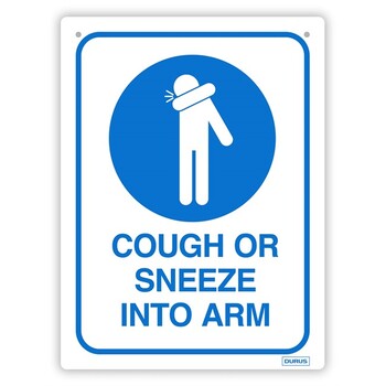 Sp- Sign Durus 225Mmx300Mm Wall Cough Or Sneeze Into Arm Blue & White