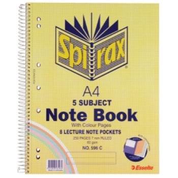 Notebook Spirax 596C A4 5 Subject Col S/O 250Pg Pk5