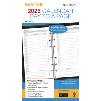 Refill 2025 Debden Dayplanner 96X172Mm Pr2100 Personal 6 Ring 1Dtp