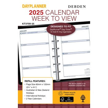 Refill 2025 Debden Dayplanner 80X120Mm Kt3700 Pocket 6 Ring Wtv